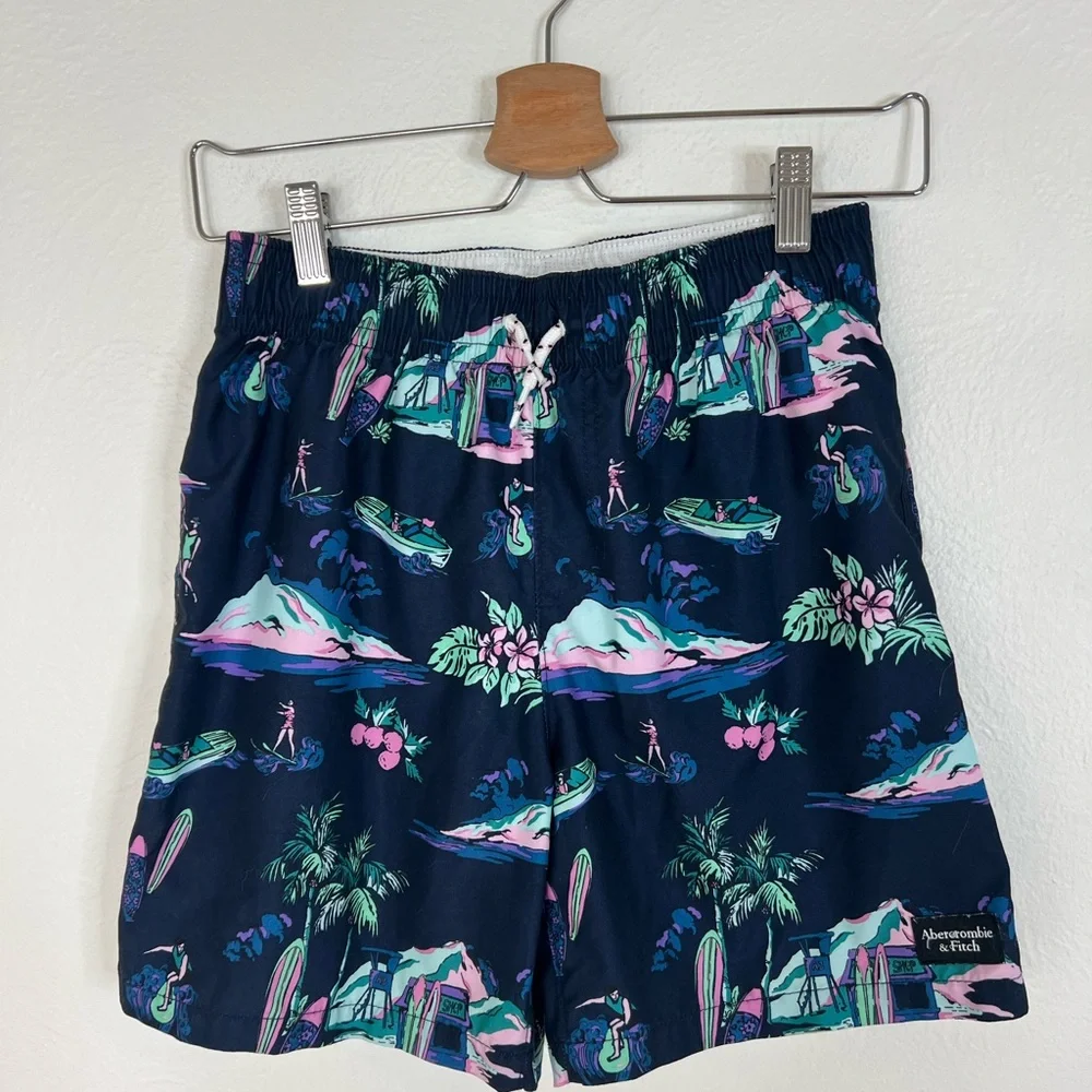 Abercrombie Kids Swim Trunks Navy Tropical Print Elastic Waist Lined Size 11/12
